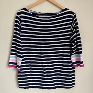 Crown & Ivy Navy White Striped Boatneck T-Shirt Medium Coastal Nautical Preppy